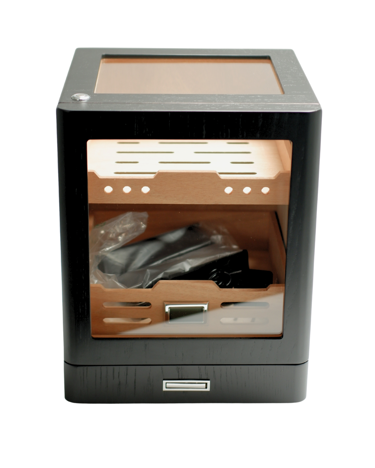 Parmida Siyah Aksesuar Çekmeceli Camlı İçi Ledli Humidor Puro Kutusu Phum0258