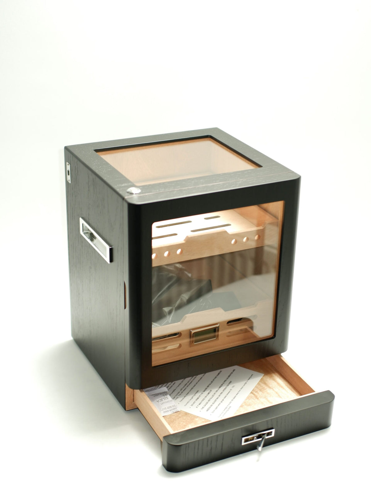 Parmida Siyah Aksesuar Çekmeceli Camlı İçi Ledli Humidor Puro Kutusu Phum0258 – farklı açıdan görünüm