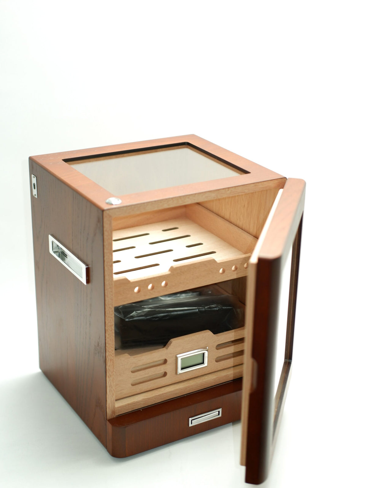 Parmida Kahverengi Aksesuar Çekmeceli Camlı İçi Ledli Humidor Puro Kutusu Phum0256 – yakından görünüm