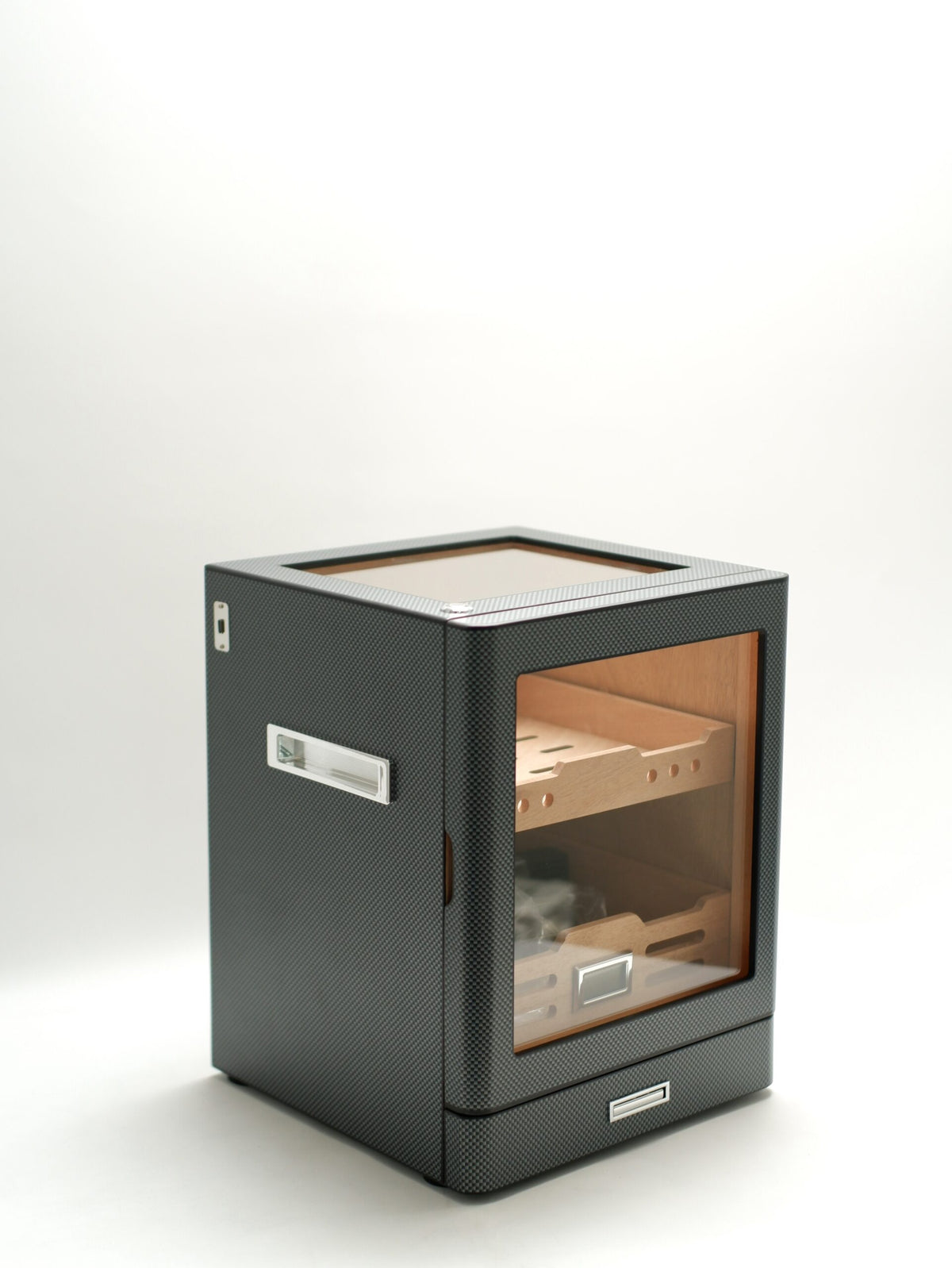 Parmida Karbon Aksesuar Çekmeceli Camlı İçi Ledli Humidor Puro Kutusu Phum0257 – farklı açıdan görünüm