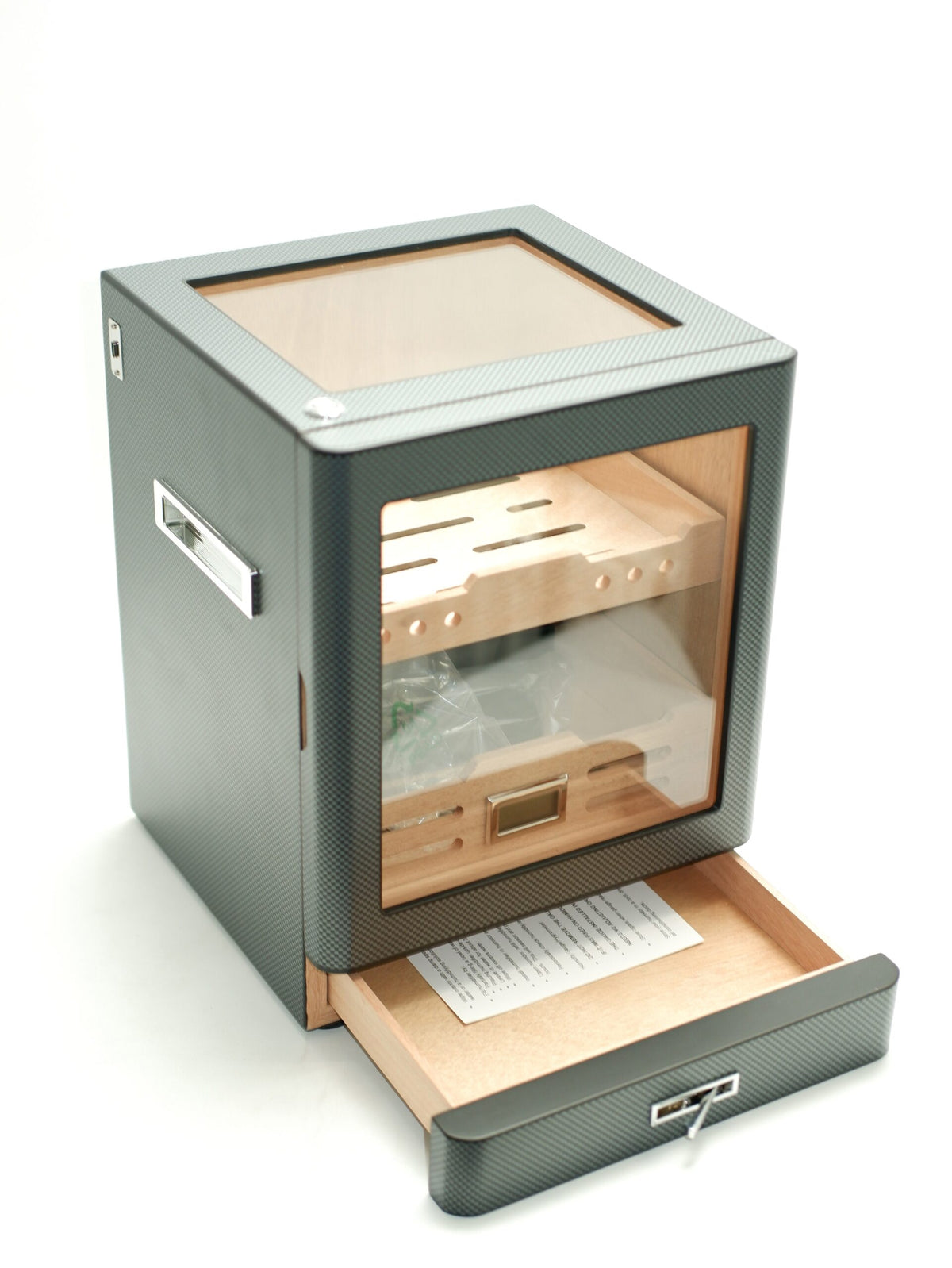 Parmida Karbon Aksesuar Çekmeceli Camlı İçi Ledli Humidor Puro Kutusu Phum0257 – detay görünümü