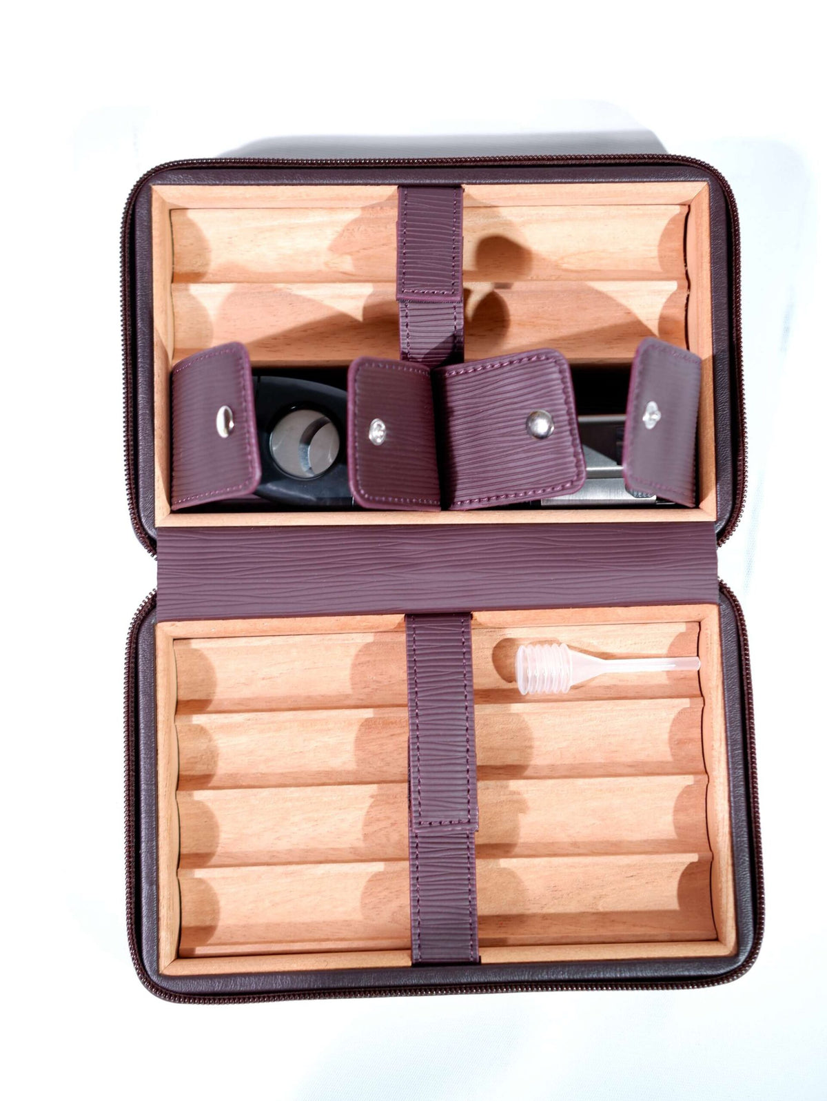 Parmida Bordo Çizgili Desenli Deri Puro Taşıma Çantası - Seyahat Humidoru PSH0100 – detay görünümü