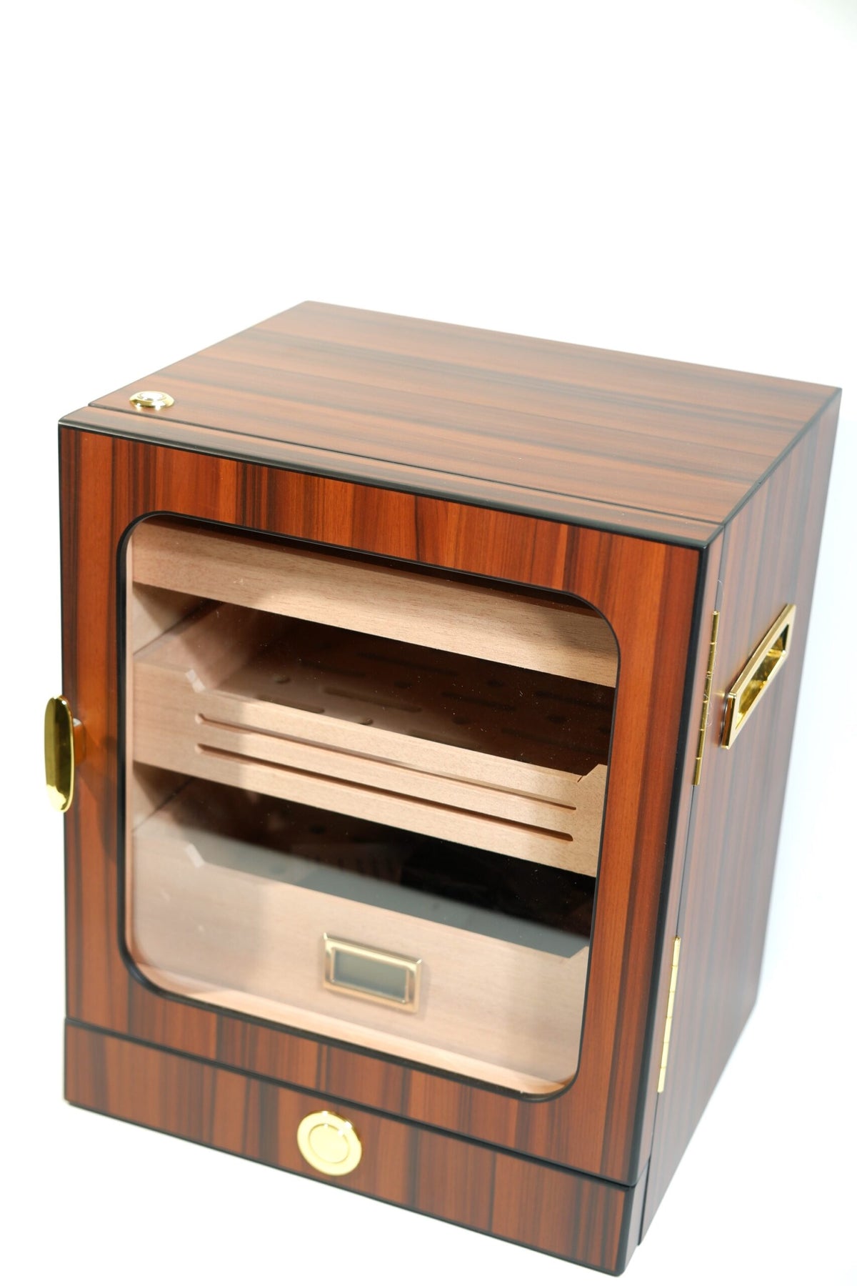 Parmida Kahverengi Gold Aksesuar Çekmeceli Camlı İçi Ledli Humidor Puro Kutusu Phum0261 – farklı açıdan görünüm