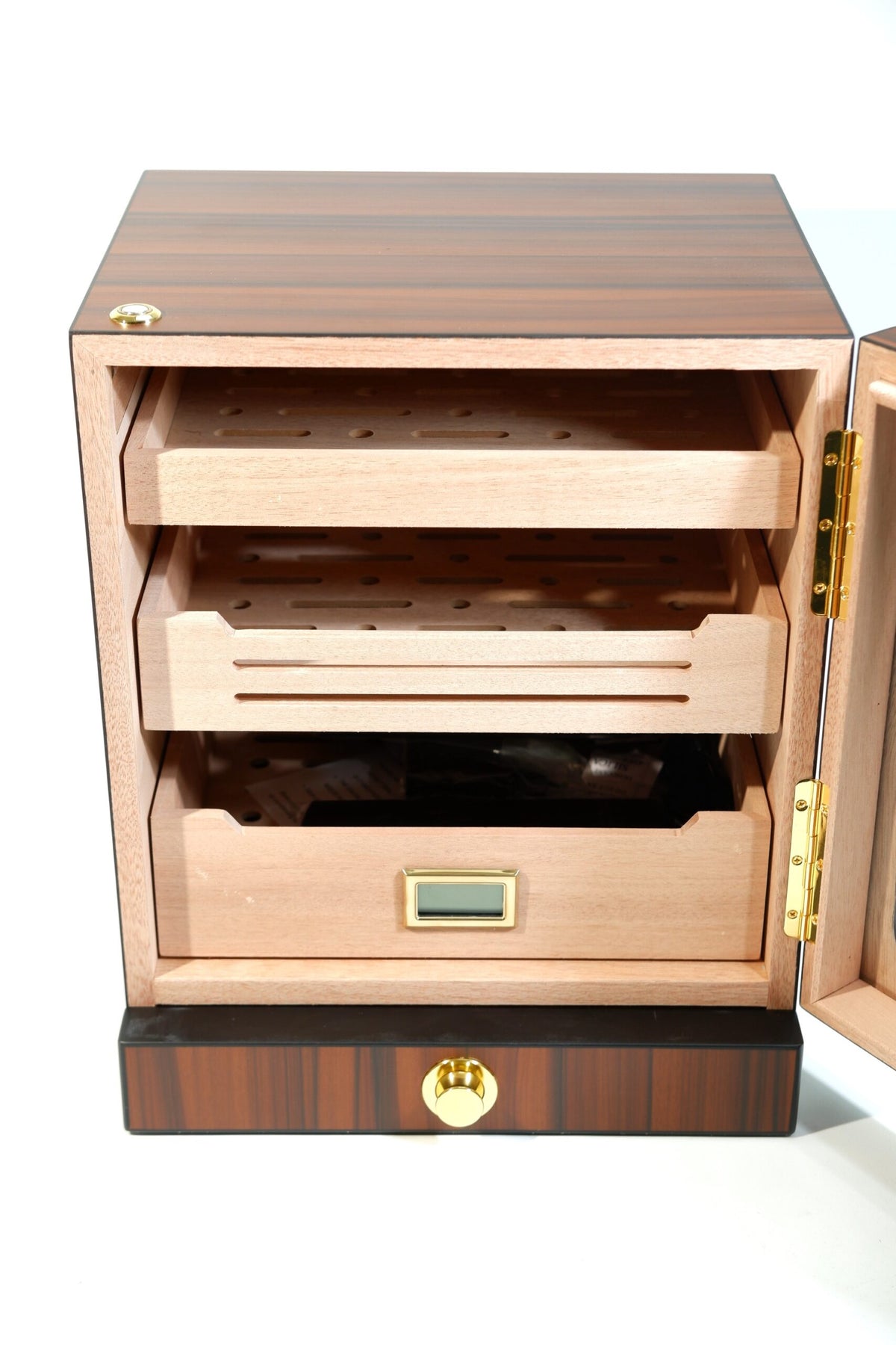 Parmida Kahverengi Gold Aksesuar Çekmeceli Camlı İçi Ledli Humidor Puro Kutusu Phum0261 – detay görünümü