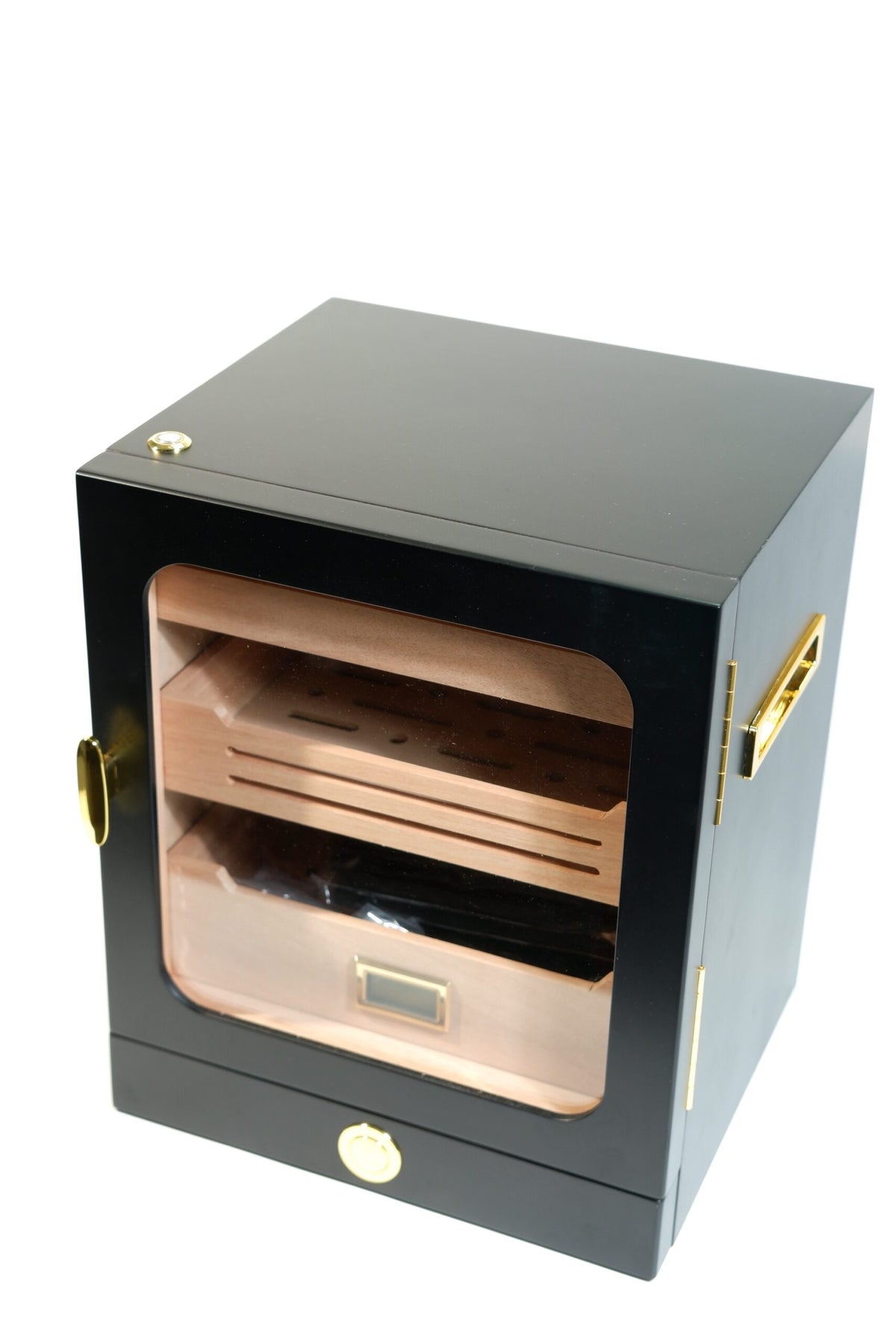 Parmida Siyah Gold Aksesuar Çekmeceli Camlı İçi Ledli Humidor Puro Kutusu Phum0262 – farklı açıdan görünüm