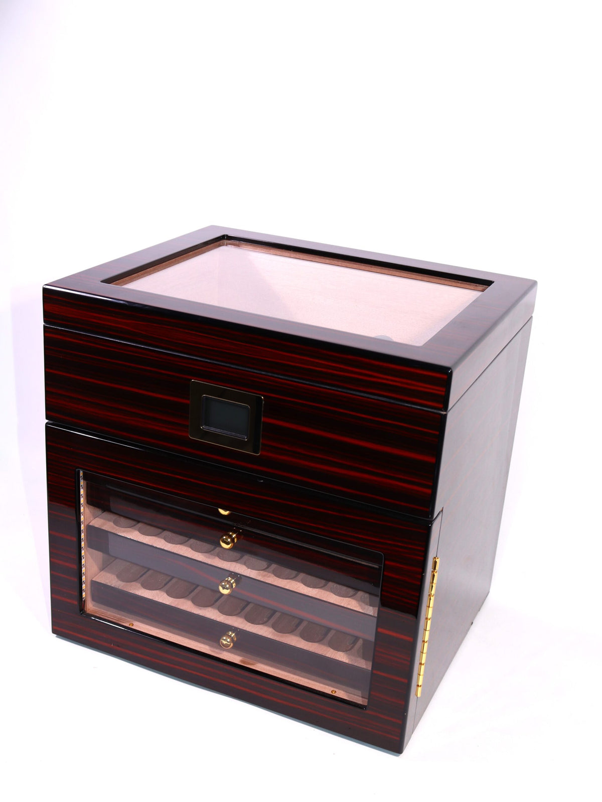 Parmida 3 Raflı Ledli Özel Nemlendirme Bölgeli Humidor Puro Kutusu PHUM0247 – farklı açıdan görünüm