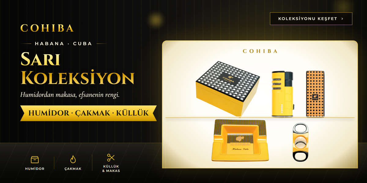 Cohiba Sarı Koleksiyon: humidor, çakmak, küllük ve puro makasıslider_item_FNbdpb