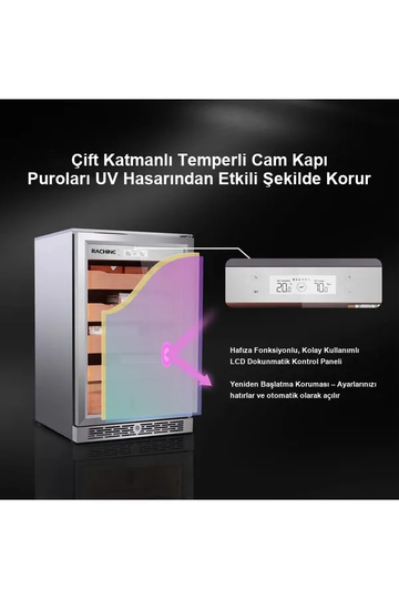 Çift katmanlı temperli cam kapılı elektronik puro dolabı ve LCD dokunmatik kontrol paneli
