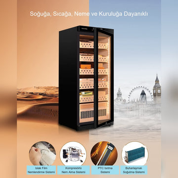 Soğuğa, sıcağa, neme ve kuruluğa dayanıklı elektronik puro dolabı ve iklim sistemleri