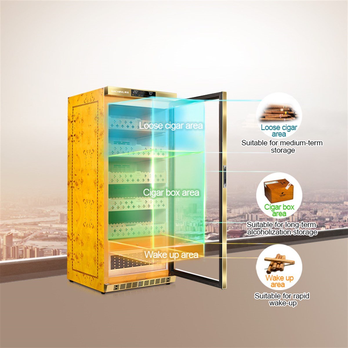 Raching Gold Elektronik Puro Dolabı – 1200 Puro Kapasiteli Profesyonel Humidor MON1800A – detay görünümü