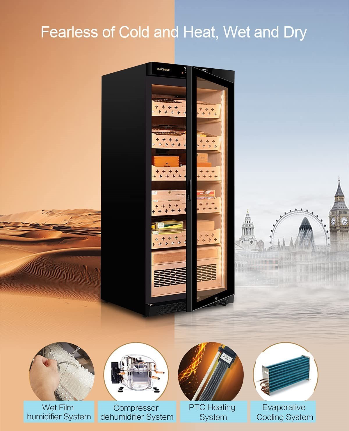 Raching Siyah Elektronik Puro Dolabı – 1200 Puro Kapasiteli Profesyonel Humidor MON1800A – detay görünümü