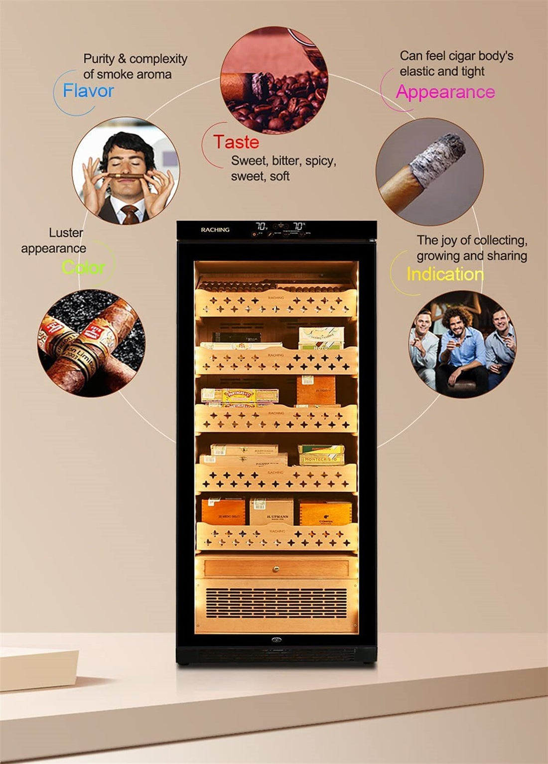 Raching Siyah Elektronik Puro Dolabı – 1200 Puro Kapasiteli Profesyonel Humidor MON1800A