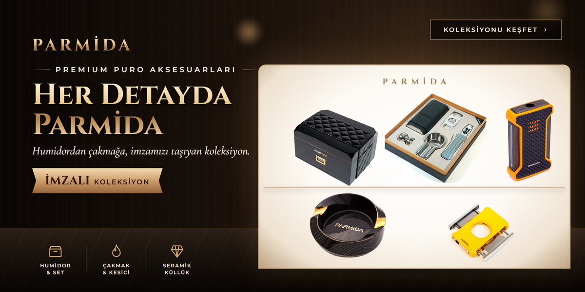 Parmida imzalı puro aksesuarları koleksiyonu: humidor, çakmak, kesici ve seramik küllükslider_item_yXGHtG