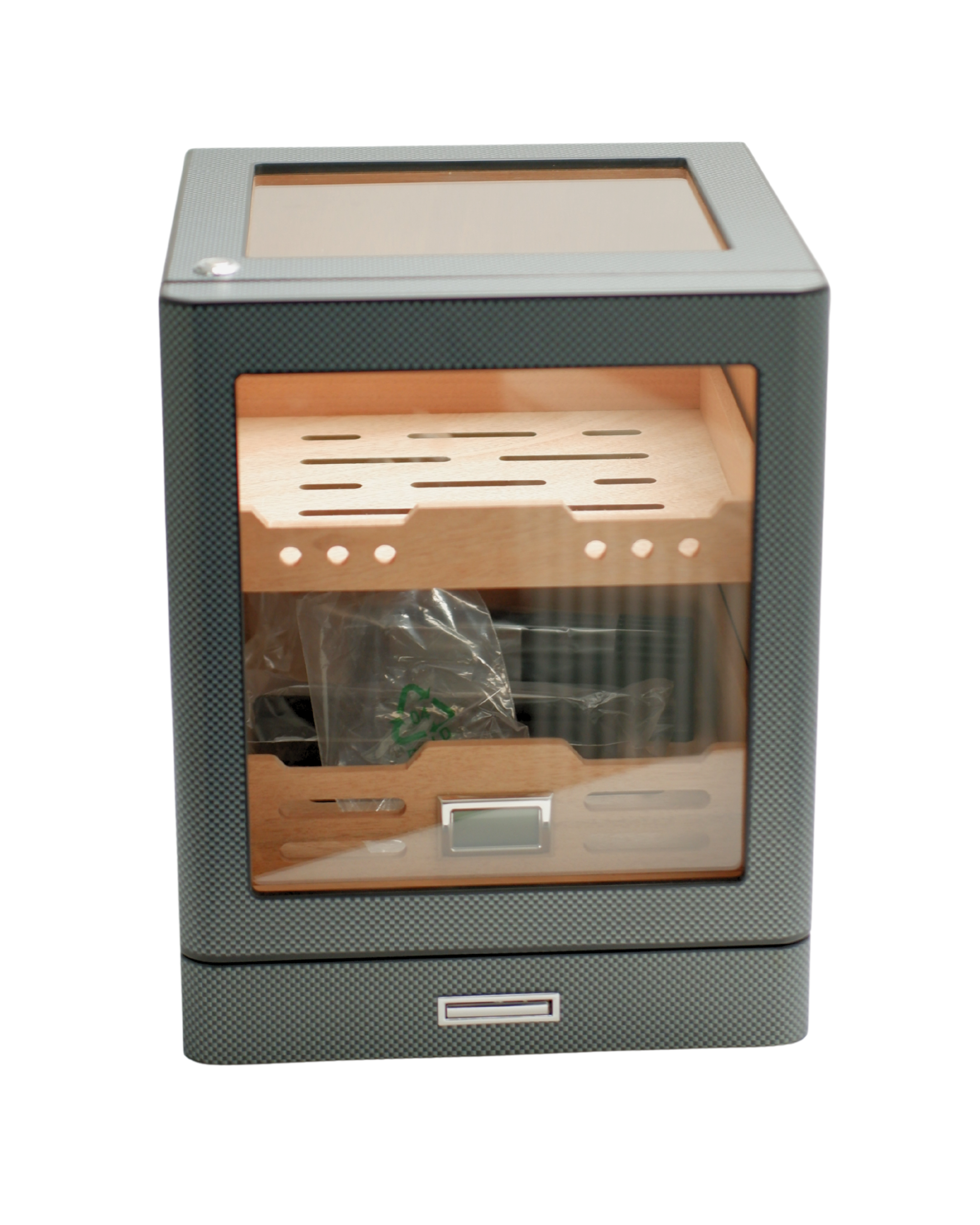 12 Parmida Karbon Aksesuar Çekmeceli Camlı İçi Ledli Humidor Puro Kutusu Phum0257 - Görsel 1