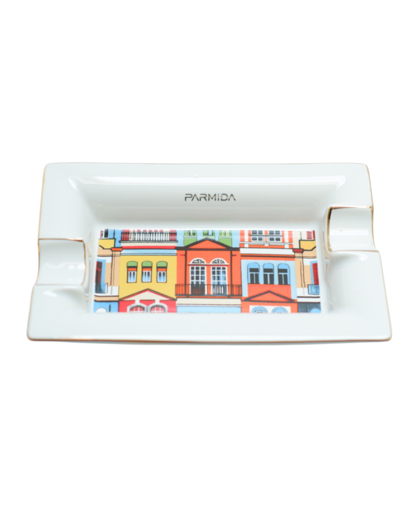 Parmida Beyaz İki Hazneli Küba Sokakları Desenli Seramik Puro Küllüğü PKL0259