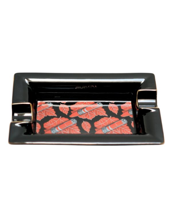 Parmida Siyah İki Hazneli Küba Yaprakları Desenli Seramik Puro Küllüğü PKL0261